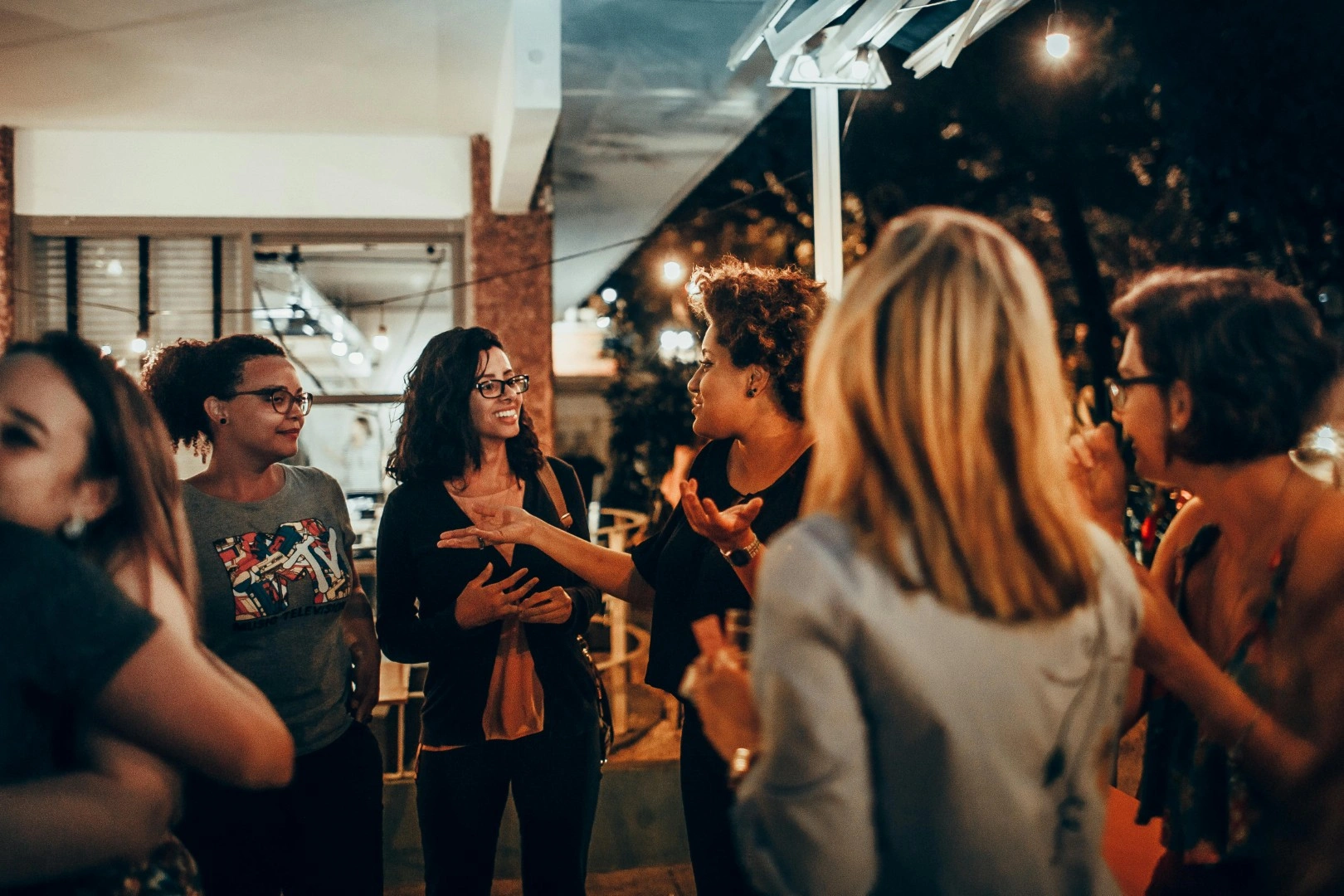 A genuine group of people collaborating warmly